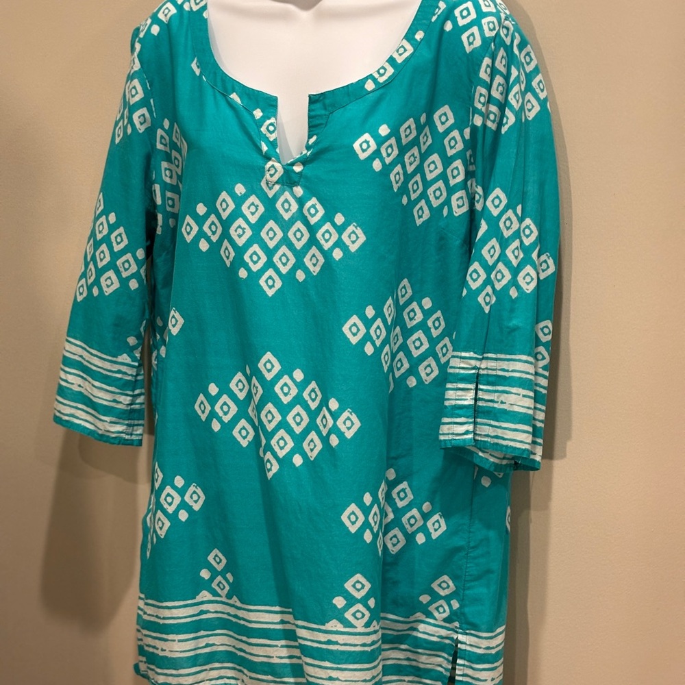 Old Navy Turquoise & White V-neck Tunic/Cover Up 3/4 sleeves, XL